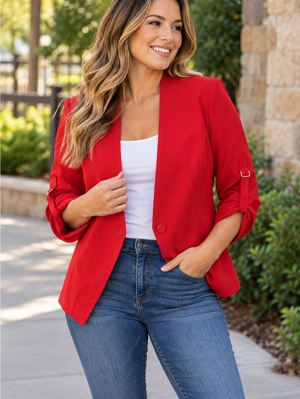 Calvin Klein Red Ruched Sleeve Blazer Jacket Gold Hardware Size 6